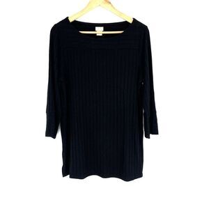Chicos Dobby Tunic Top Size 1 Medium Womens Black Ribbed Knit 3/4 Sleeve Blouse